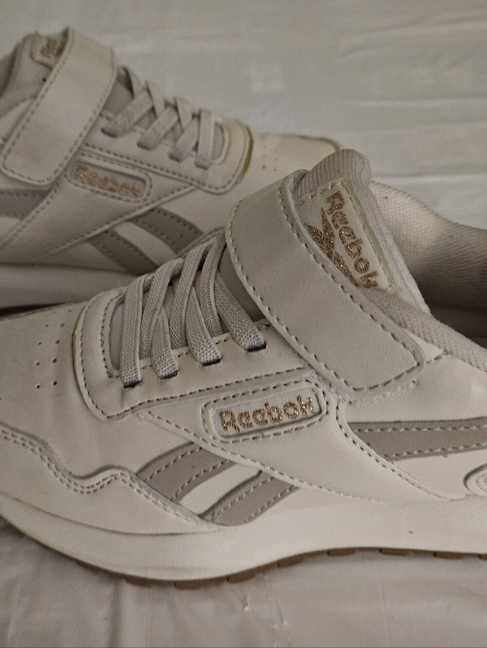 Reebok Kids White Leather Velcro & Lace Sneakers with Gold Logo